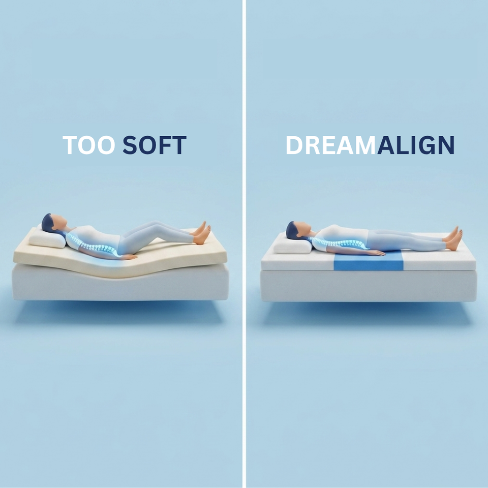 DreamAlign topper cross-section showing a firmer centre zone keeping a sleeper's spine aligned